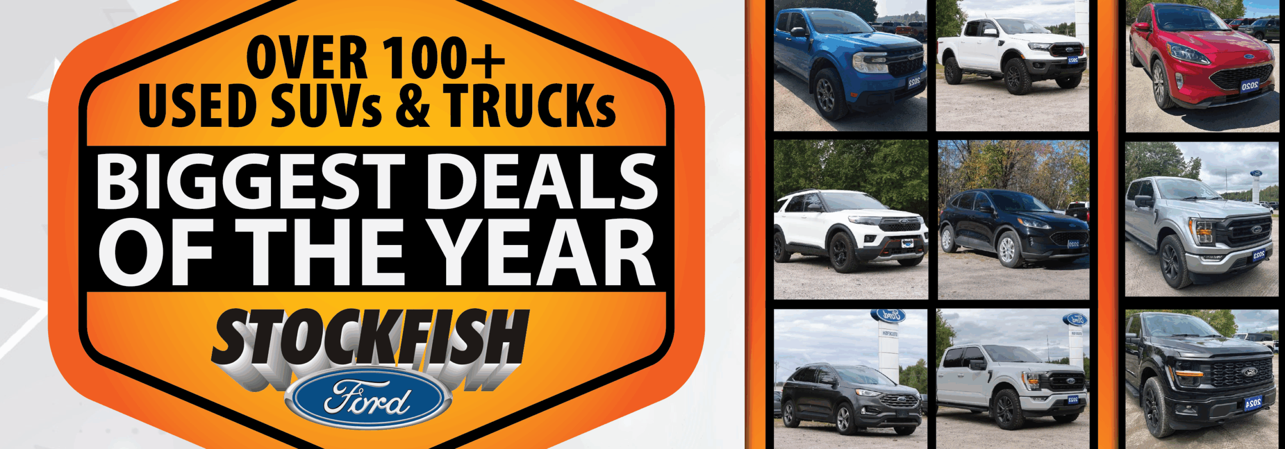 Promotional banner for Stockfish Ford showcasing over 100 used SUVs and trucks, highlighting the biggest deals of the year with images of various Ford vehicles.