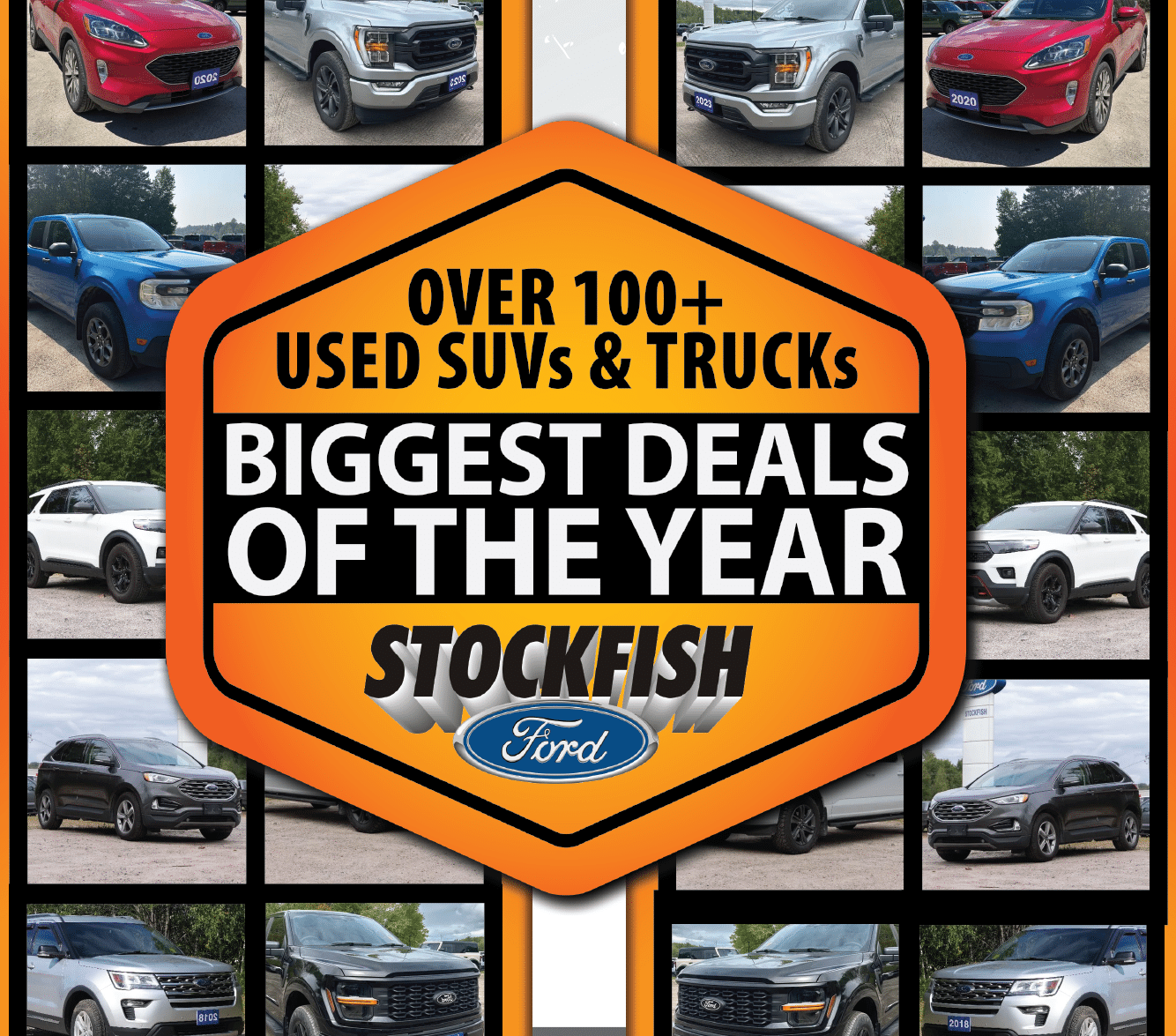 Promotional graphic featuring over 100 used SUVs and trucks available at Stockfish Ford, highlighting the biggest deals of the year with various models displayed in a collage format.
