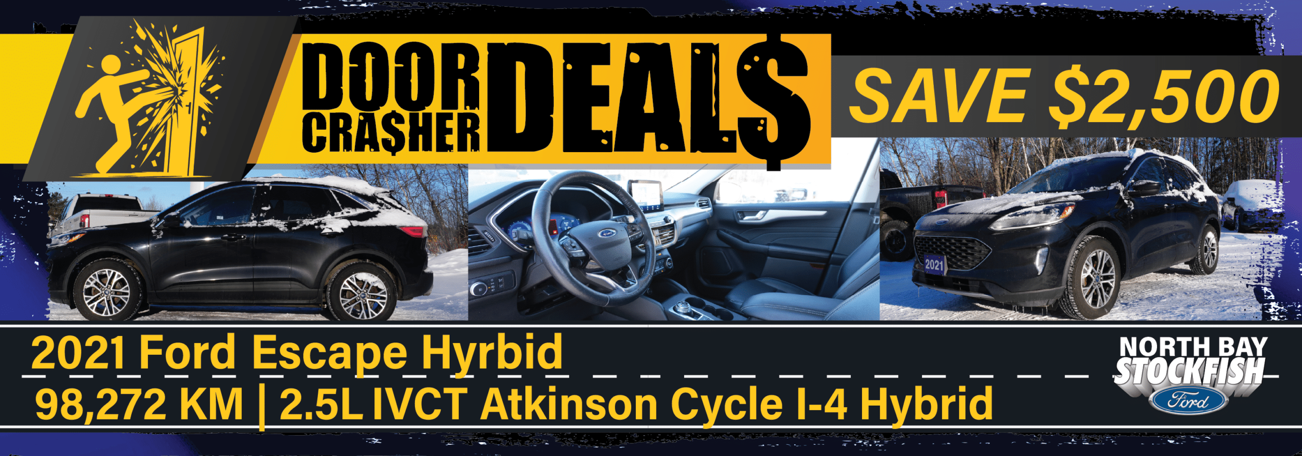 2021 Ford Escape Hybrid advertisement showcasing savings of $2,500, featuring images of the vehicle's exterior, interior, and specifications including 98,272 km and 2.5L IVCT Atkinson Cycle I-4 Hybrid engine.