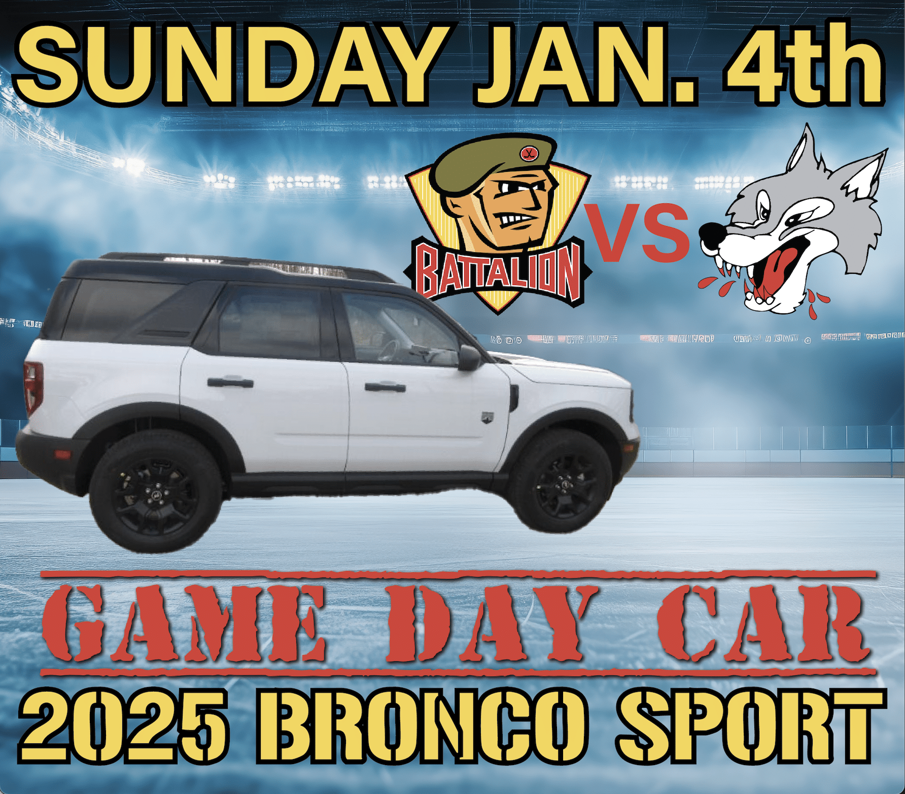 2025 Ford Bronco Sport displayed as the game day car for the Battalion vs. Wolf matchup on Sunday, January 4th, featuring a sporty design and black wheels against a vibrant sports background.