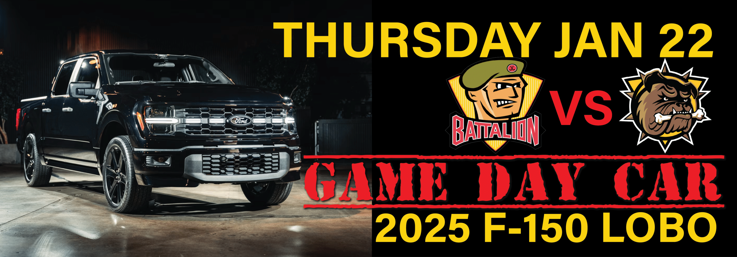 2025 F-150 Lobo truck with game day announcement for Jan 22 featuring Battalion vs Bulldogs.