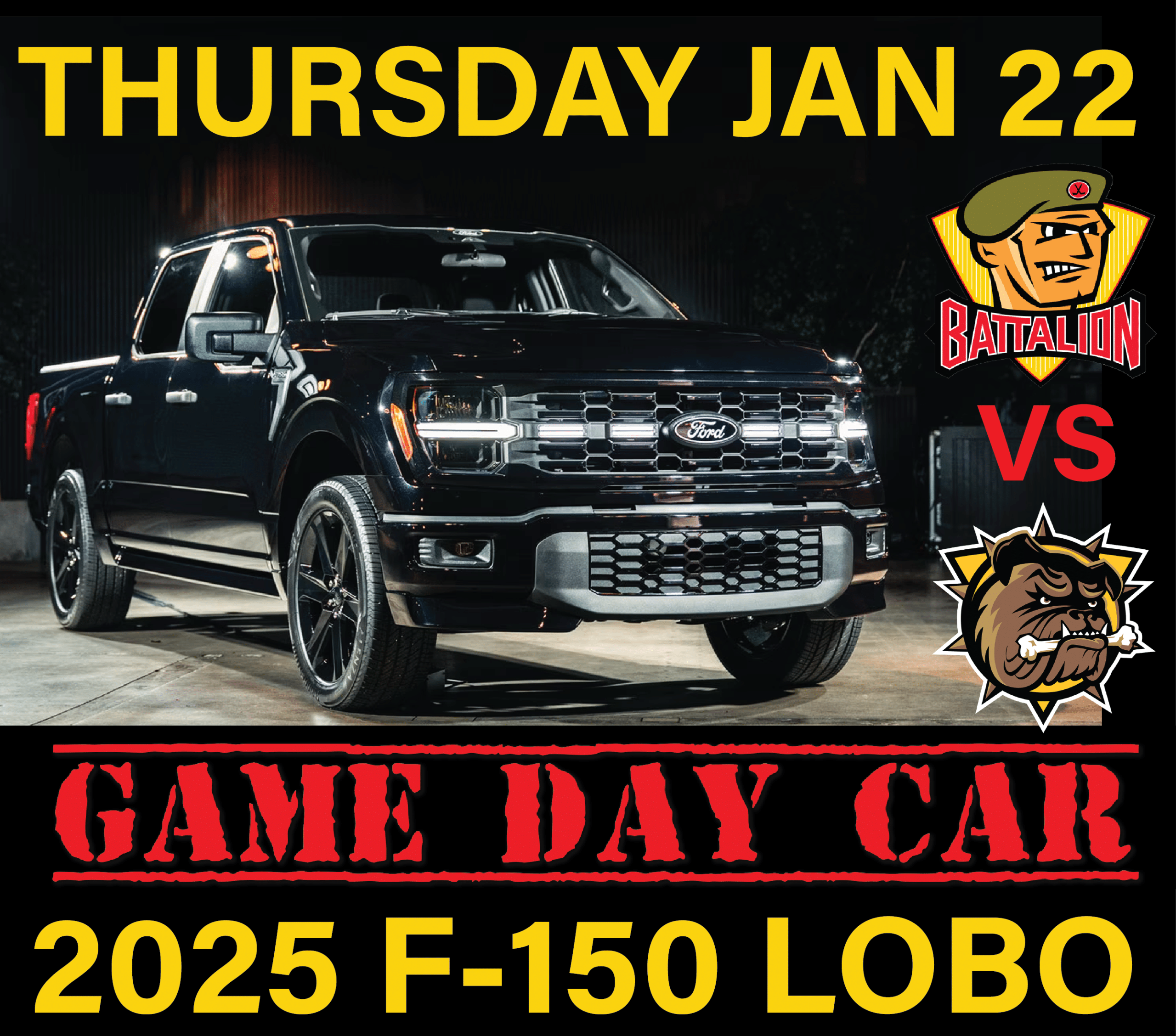 Ford F-150 Lobo promo on January 22; features team logos and "Game Day Car" text.
