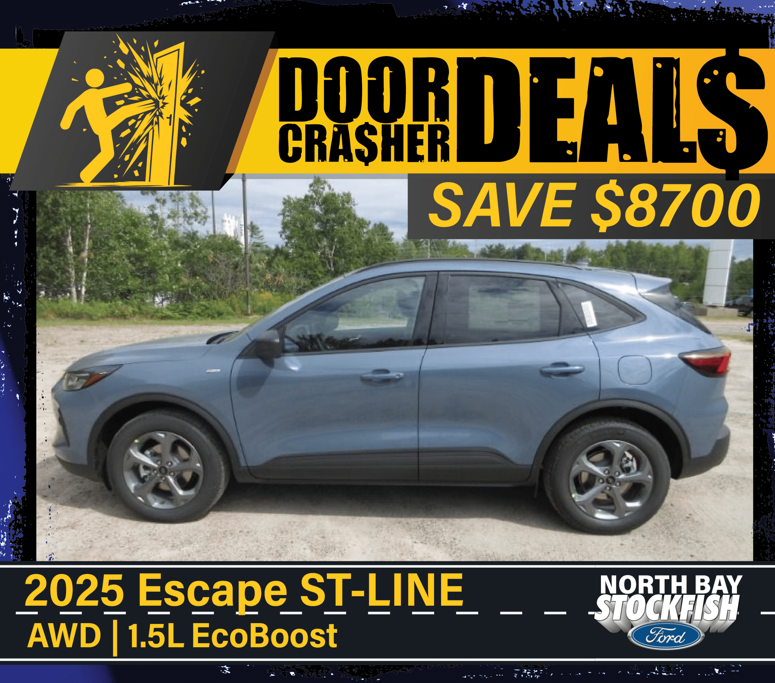 2025 Ford Escape ST-Line AWD promotion, highlighting a $8700 discount at North Bay Stockfish Ford.