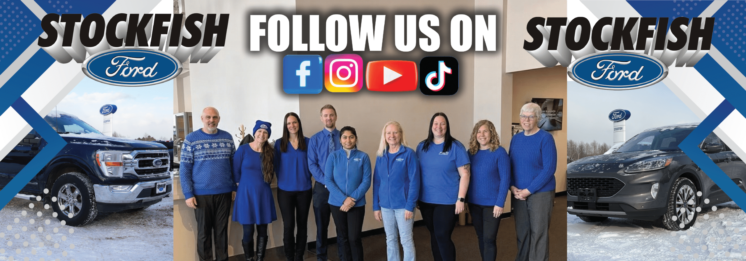 Stockfish Ford dealership team with cars and social media icons for Facebook, Instagram, YouTube, and TikTok.