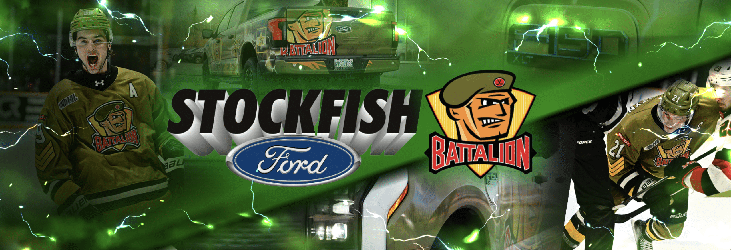 Hockey player in Battalion jersey, Stockfish Ford logo, and team graphics on a truck with dynamic effects.