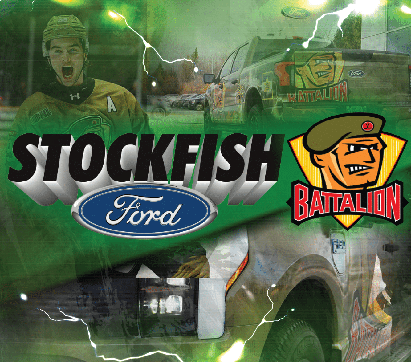 Hockey player with Stockfish Ford logo and North Bay Battalion emblem on a truck.