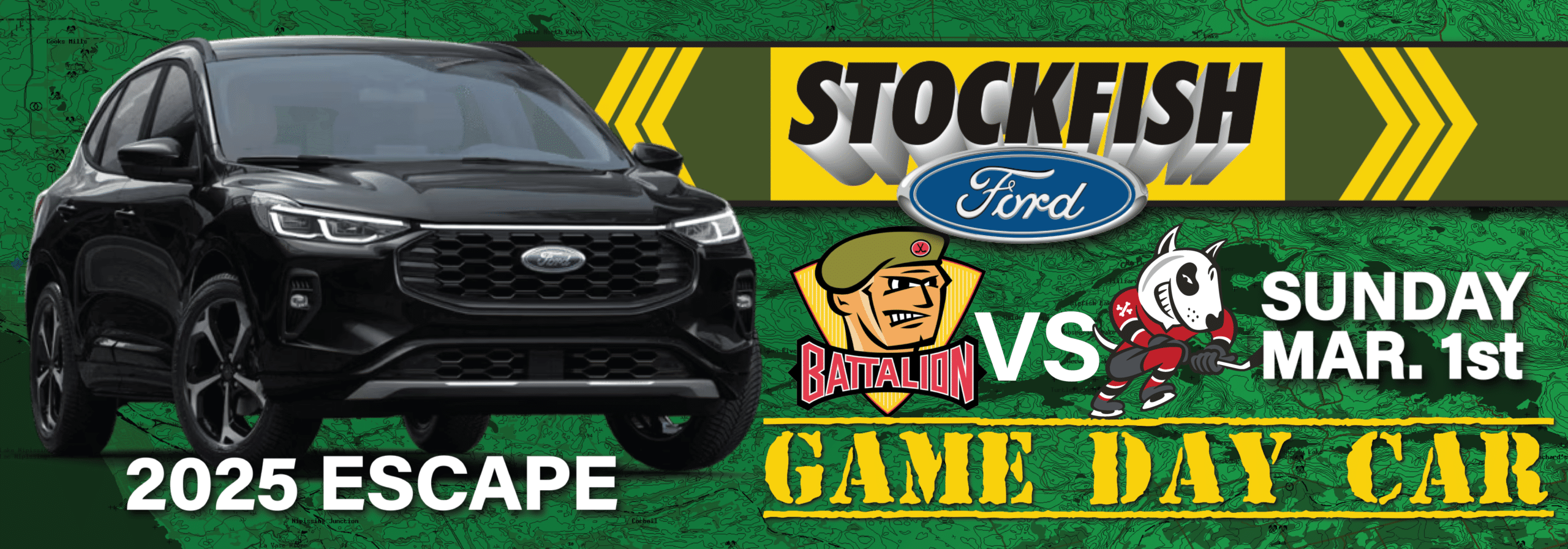 2025 Ford Escape promotion with Stockfish Ford, featuring Battalion mascot for game day on Sunday, March 1st.
