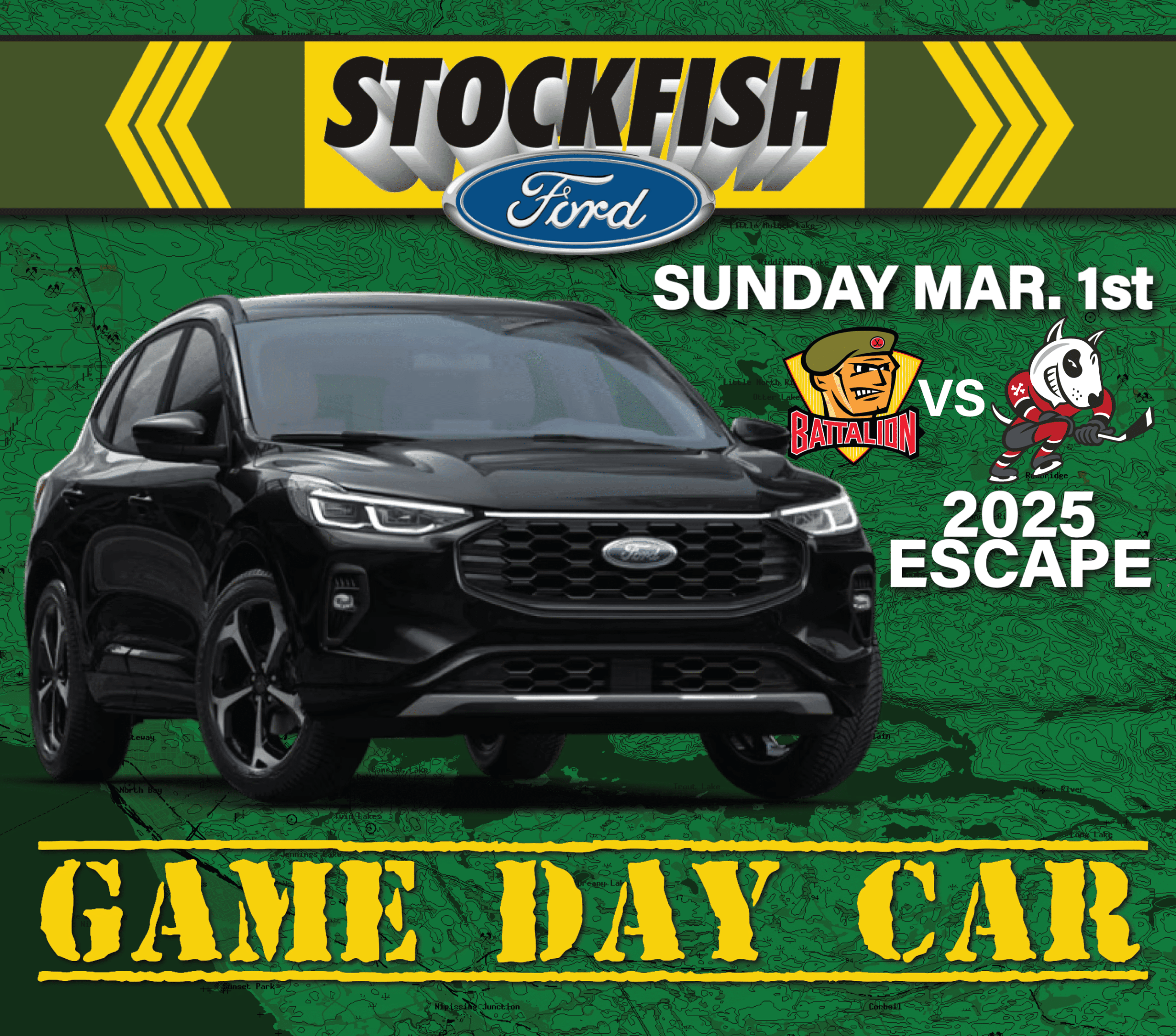 Stockfish Ford 2025 Escape promotion with hockey game details for Sunday, March 1st. "Game Day Car" logo.