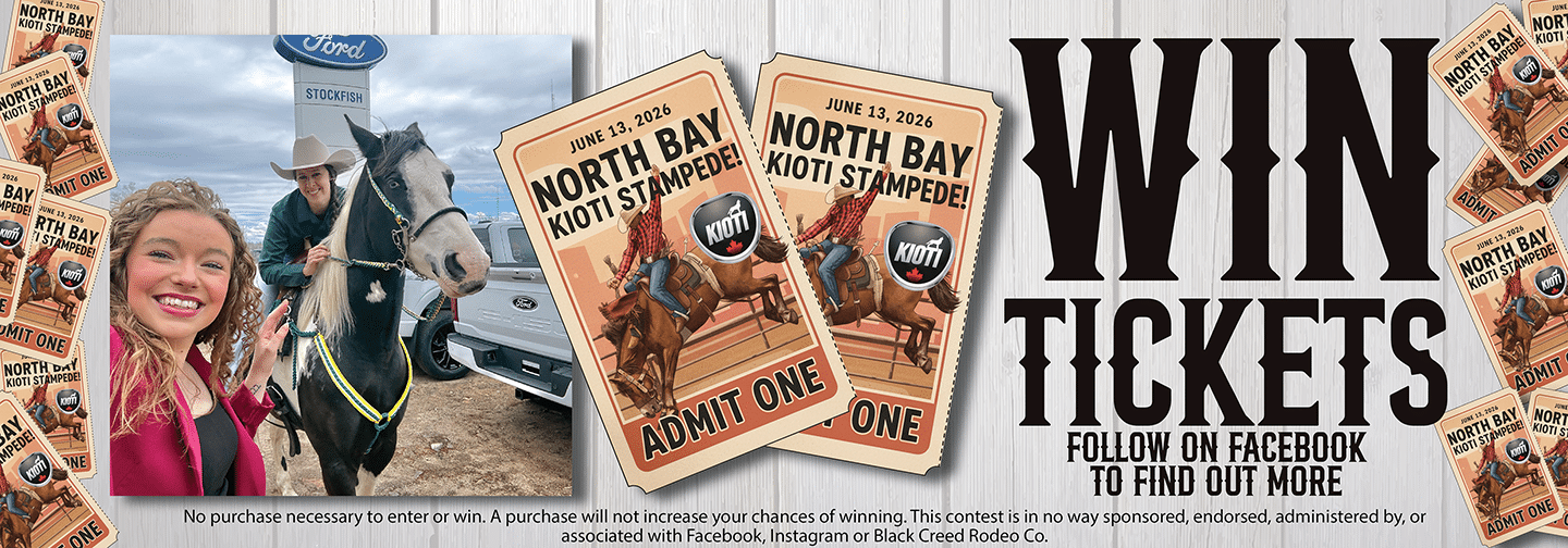 Smiling woman with cowboy on horseback, promoting North Bay Kioti Stampede ticket giveaway for June 13, 2026.