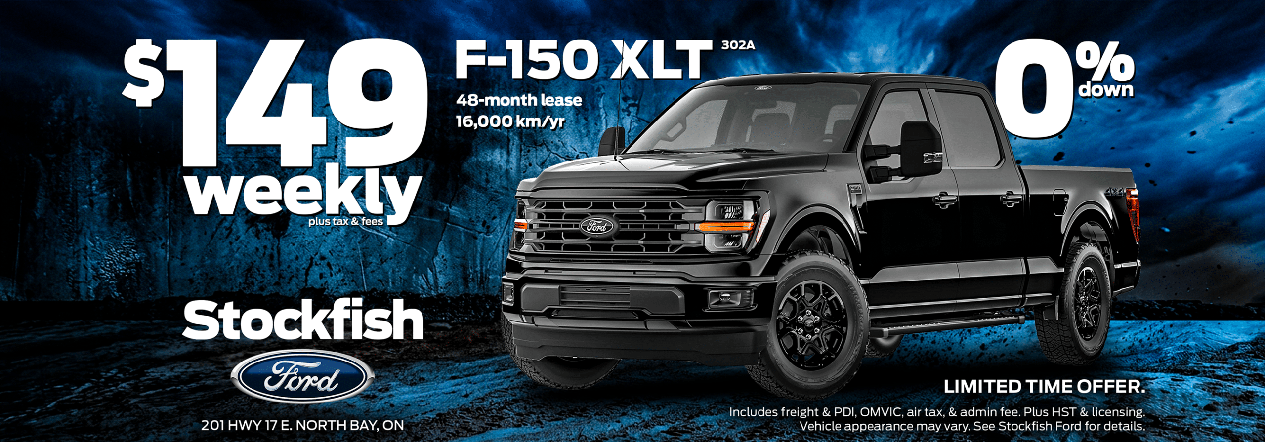 Ford F-150 XLT truck lease offer: $149 weekly, 0% down, 48-month lease, available at Stockfish Ford.