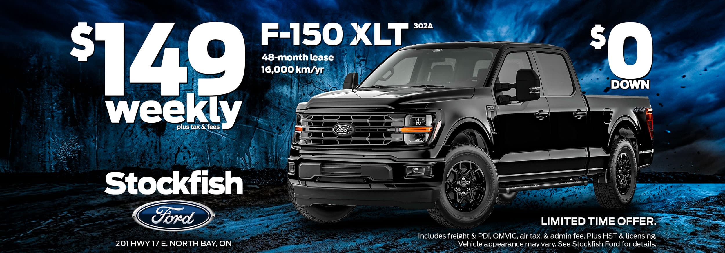 Black Ford F-150 XLT truck offer, $149 weekly, $0 down, 48-month lease, Stockfish Ford, North Bay, ON.