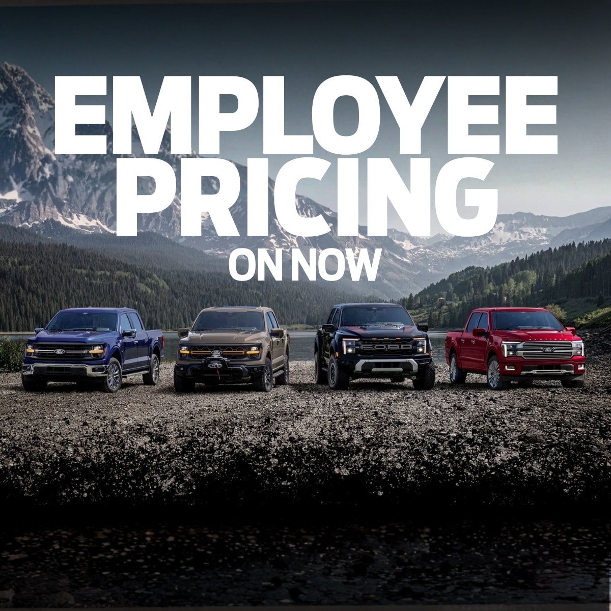 Four trucks on a mountain backdrop with "Employee Pricing On Now" text.