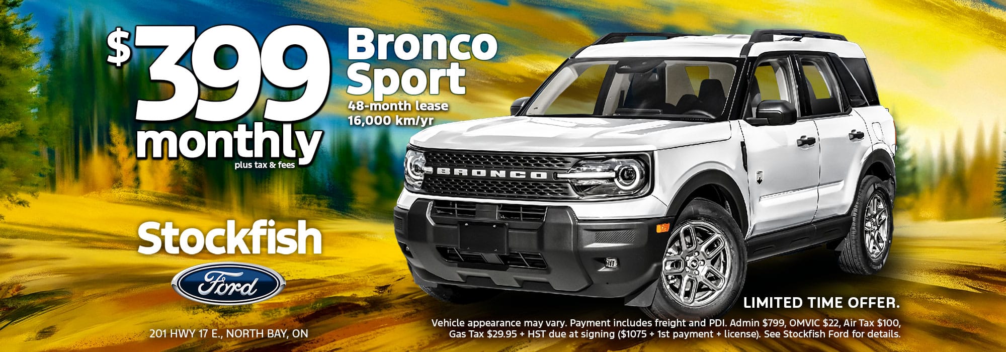 Ford F-150 STX 4WD Crewcab lease ad, $575 monthly, $0 down, Stockfish Ford in North Bay.