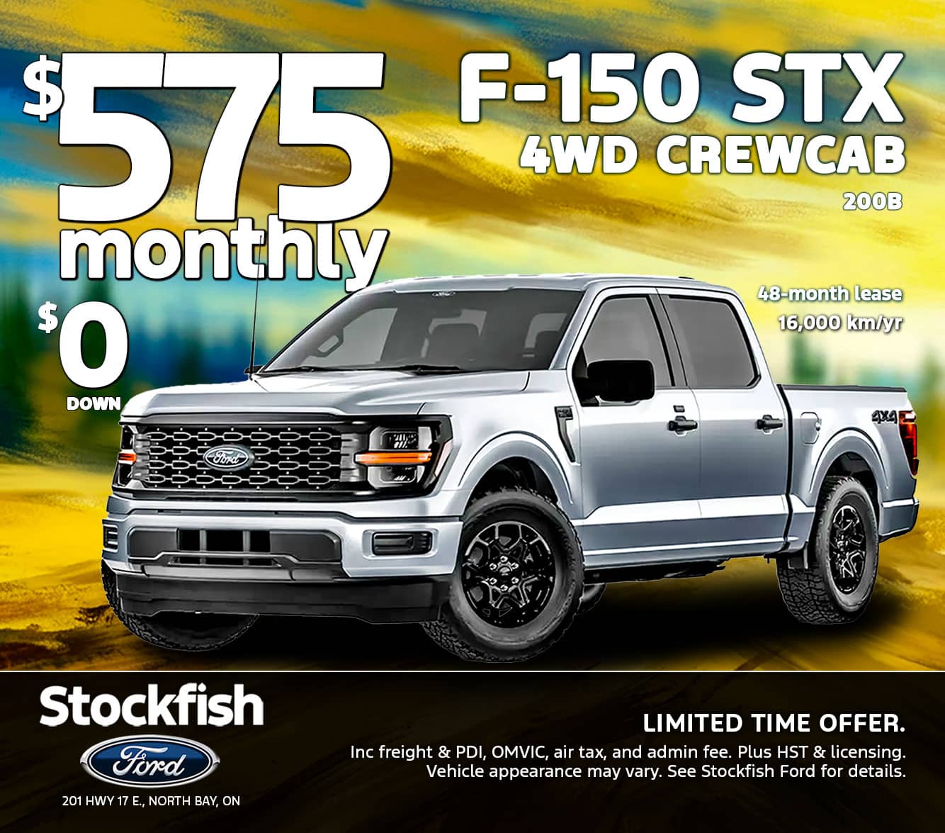 Ford F-150 STX 4WD Crew Cab lease offer: $575 monthly, $0 down. Includes 48-month lease at 16,000 km/yr.