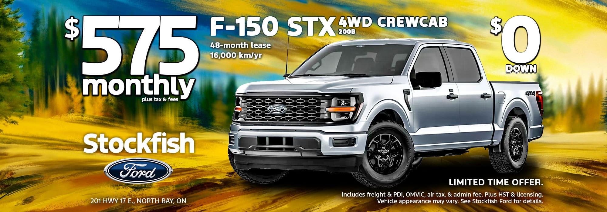 Bronco Sport lease offer at $399 monthly, 48-month lease, 16,000 km/yr from Stockfish Ford, North Bay, ON.