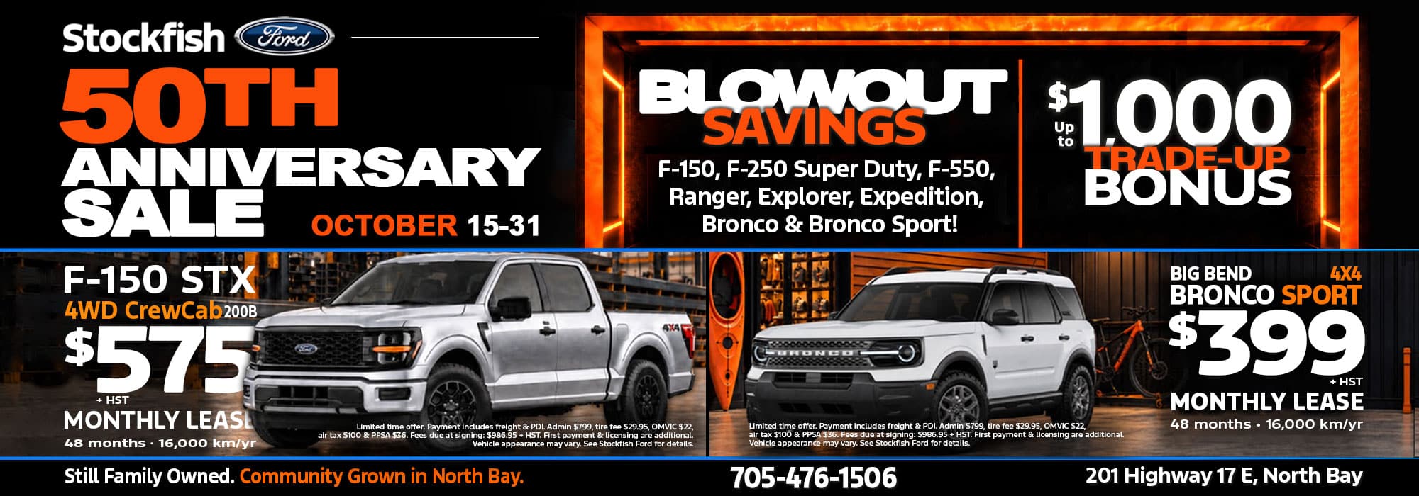 Stockfish Ford 50th Anniversary Sale Oct 15-31: F-150 STX lease $575, Bronco Sport $399, trade-up bonus up to $1000.