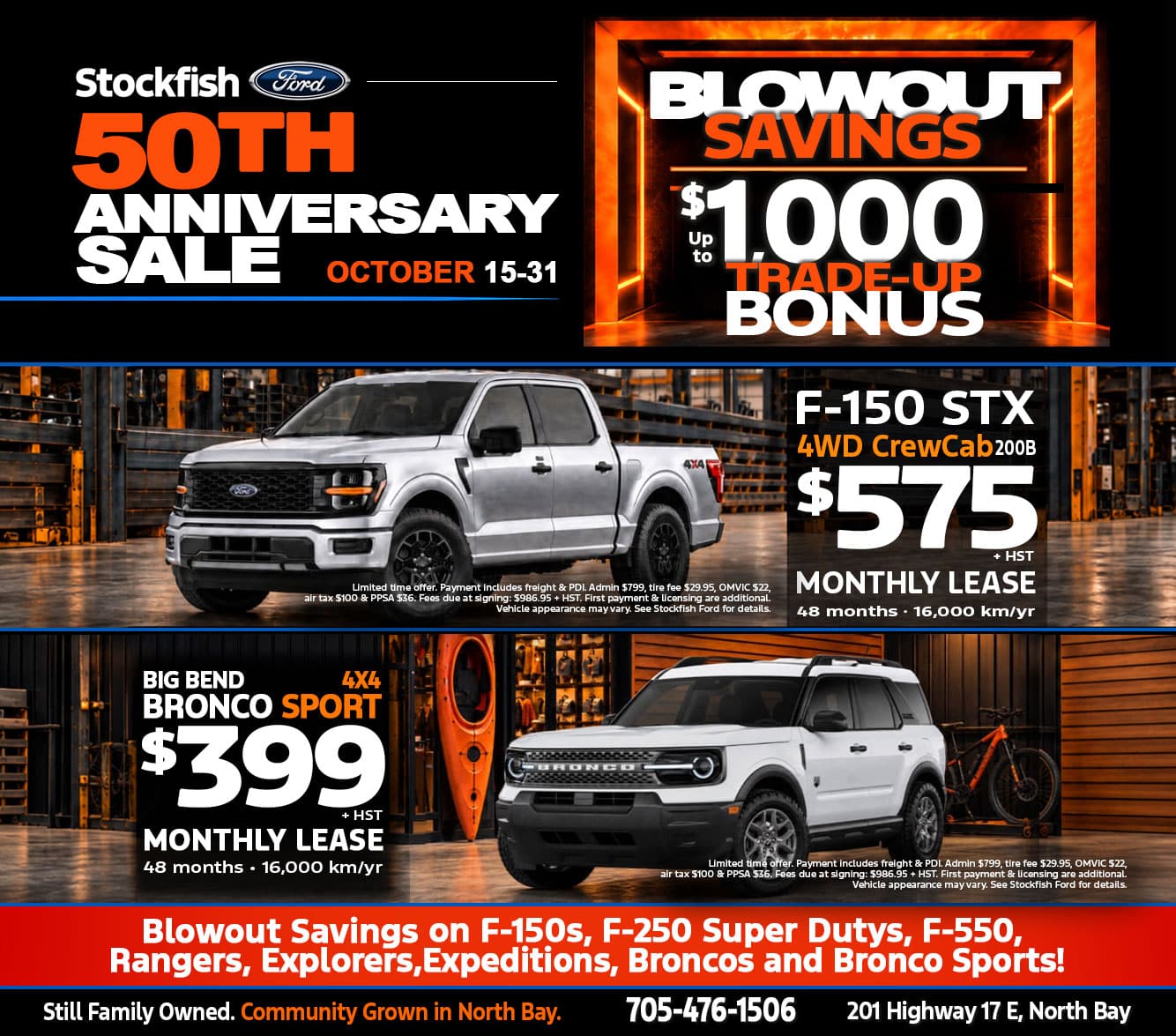 Stockfish Ford 50th Anniversary Sale ad featuring F-150 STX and Bronco Sport lease offers until October 31.