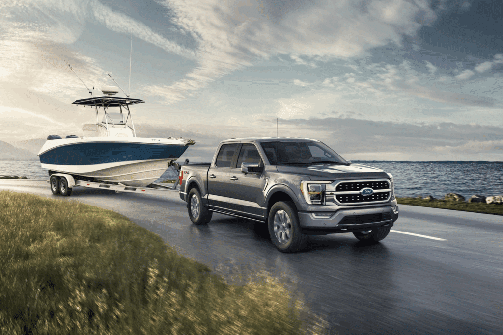 Ford F-150 towing a boat trailer along a scenic coastal road, showcasing the truck's powerful towing capabilities against a backdrop of grass and water.
