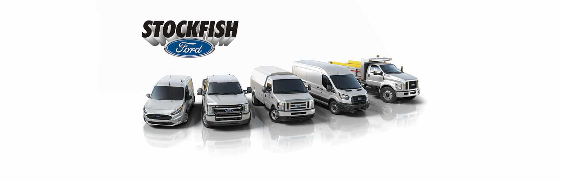Ford vehicles lineup displayed, featuring various models including vans and trucks, with Stockfish Ford logo prominently featured. Ideal for commercial and personal use, showcasing durability and versatility.