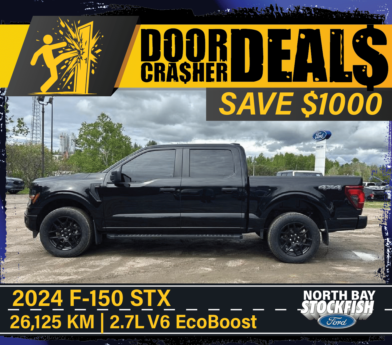 2024 Ford F-150 STX in black, featuring a 2.7L V6 EcoBoost engine and 26,125 km, displayed in a promotional graphic highlighting a $1,000 savings offer from North Bay Stockfish Ford.