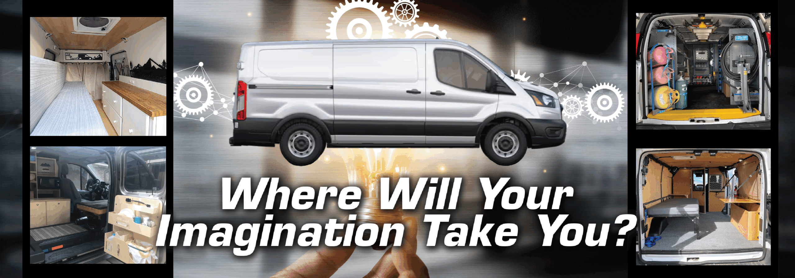 Image of a versatile van showcasing various interior designs, including a cozy living space with a bed and kitchenette, a functional driver's cab, and a well-organized cargo area with storage solutions. The text emphasizes creativity and possibilities for customization.