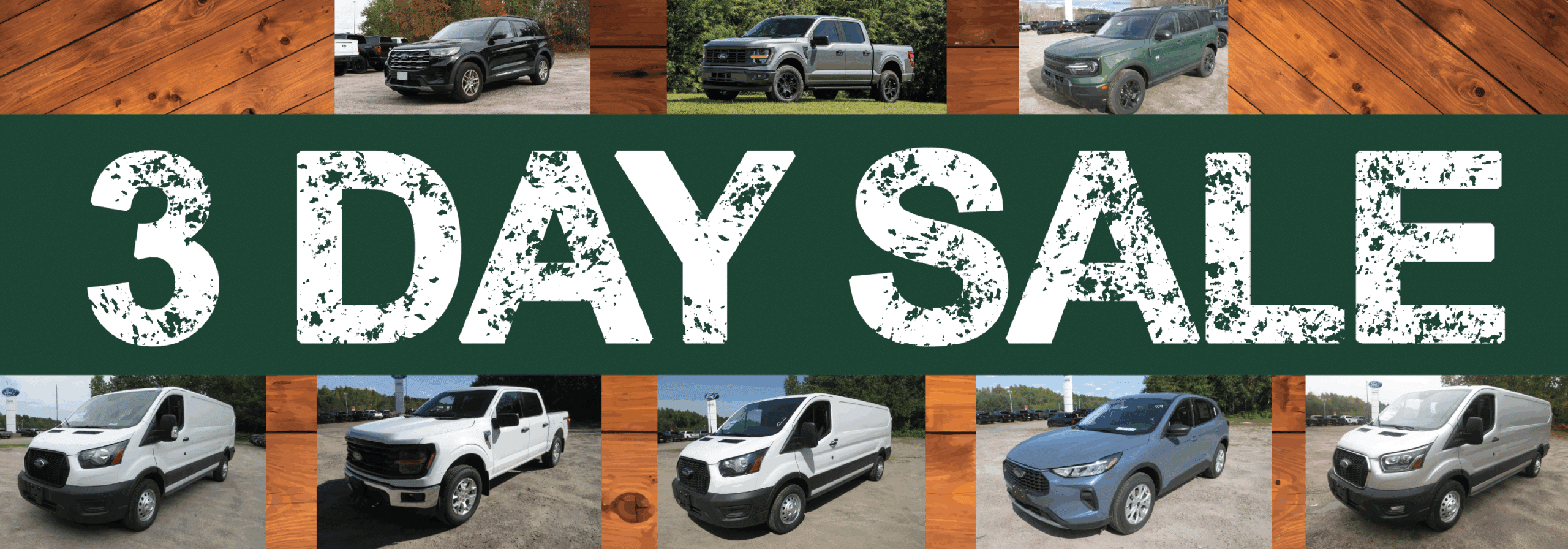 Alt text: Promotional image for a 3-day sale featuring various trucks and vans, including models from Ford and other brands, displayed against a wooden background.