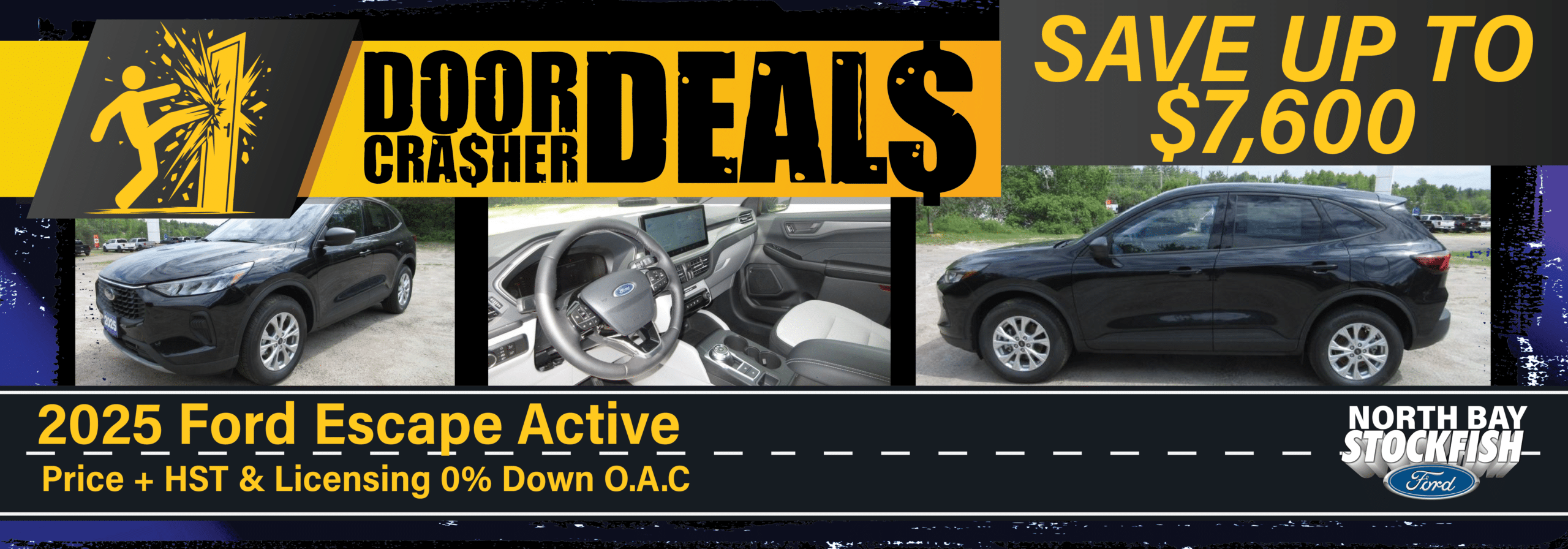 "2025 Ford Escape Active promotion, save up to $7,600, 0% down, North Bay Stockfish Ford."