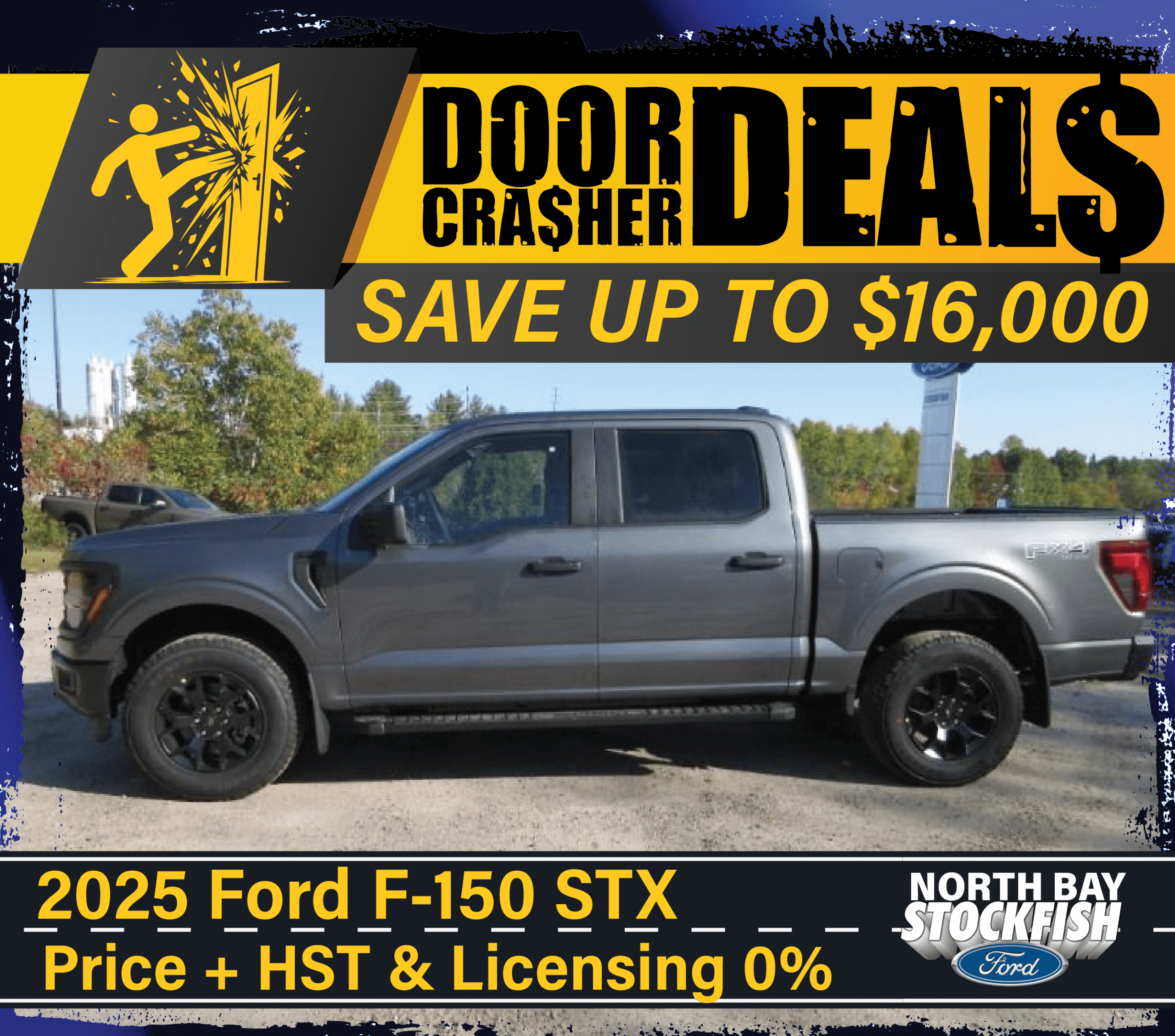 2025 Ford F-150 STX sale, save up to $16,000, North Bay Stockfish Ford promotion.