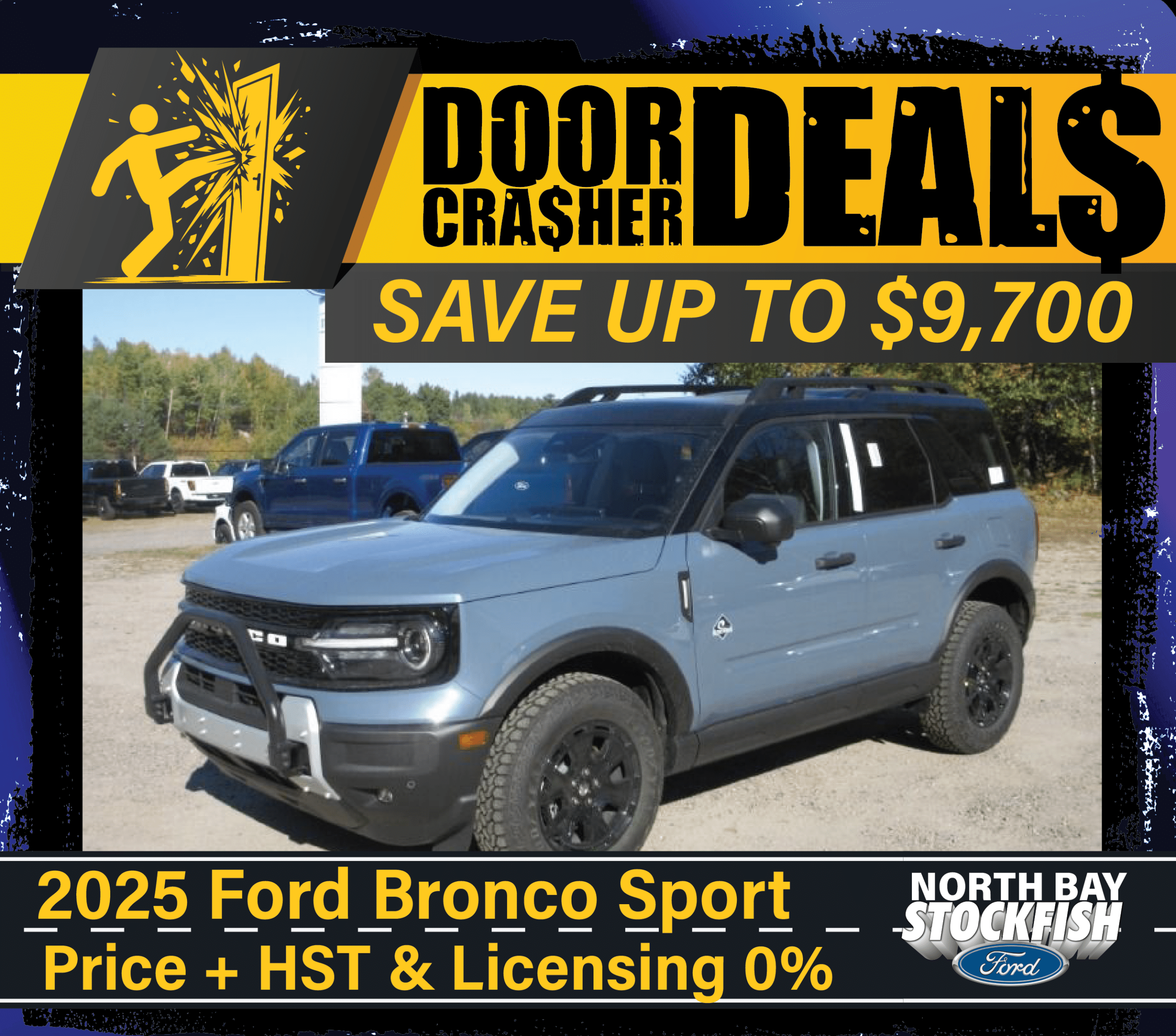 2025 Ford Bronco Sport promo offers savings up to $9,700. Price includes HST and 0% licensing fees.
