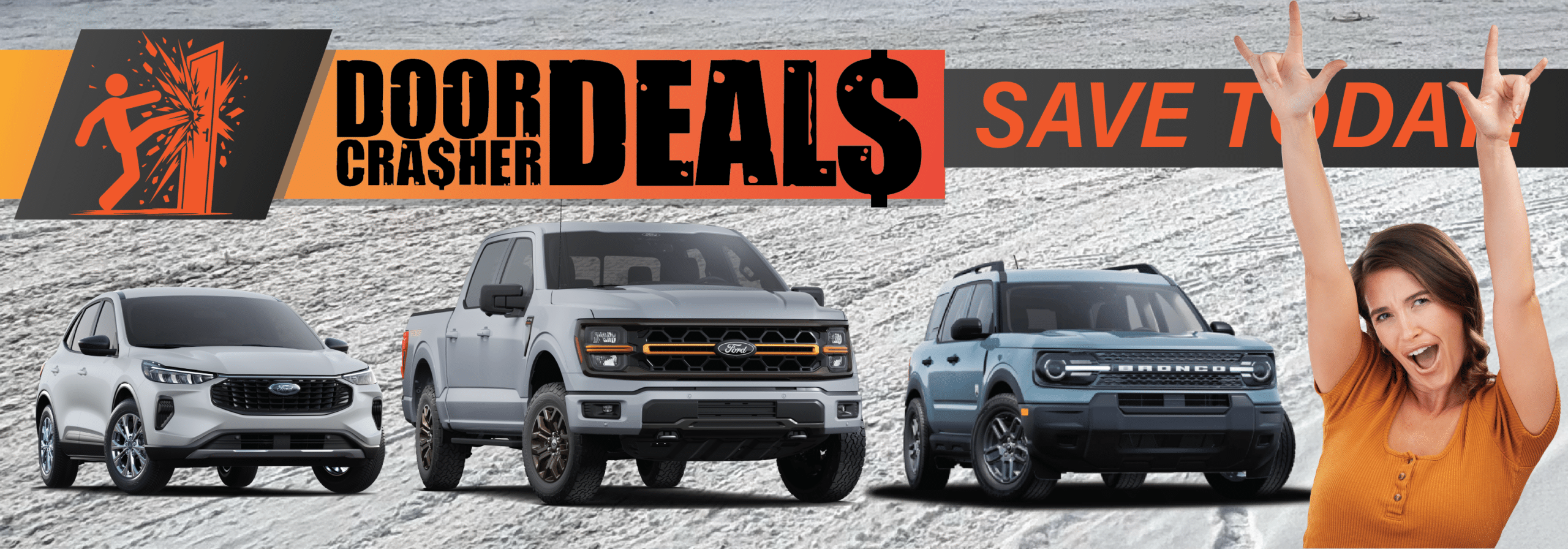 Ford promotion featuring models like Explorer, F-150, Bronco with "Door Crasher Deals" and "Save Today" text.