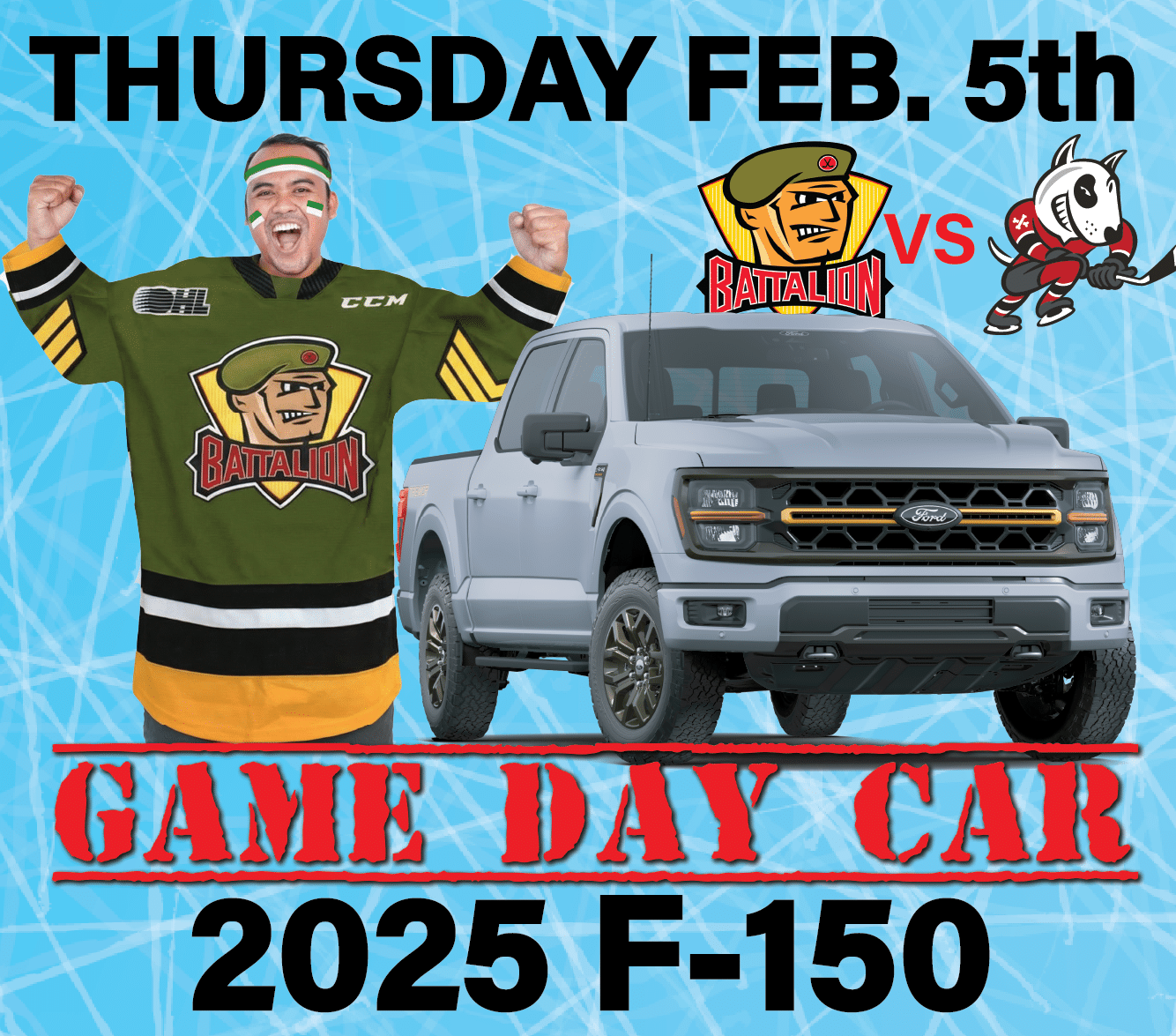 Hockey fan celebrating next to a Ford F-150, promoting a game day event on Thursday, February 5th.