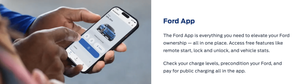 Person using Ford App on a smartphone, featuring vehicle controls and information.