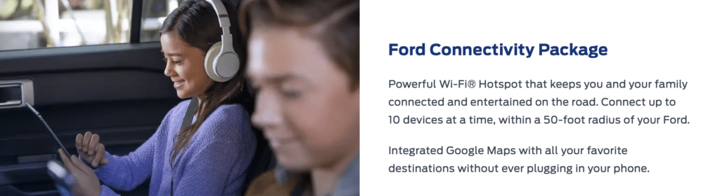 Girl in car using a tablet with headphones, illustrating Ford Connectivity Package details.