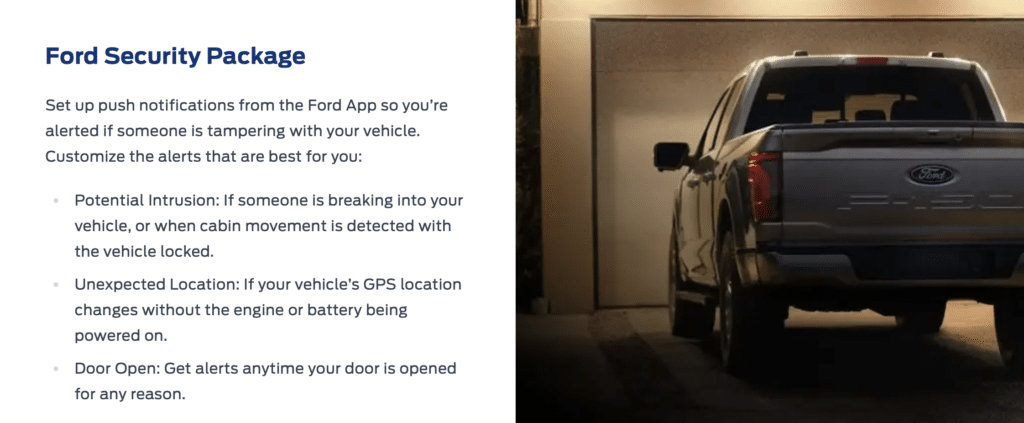 Ford Security Package features with a truck in a garage, offering intrusion and location alerts.