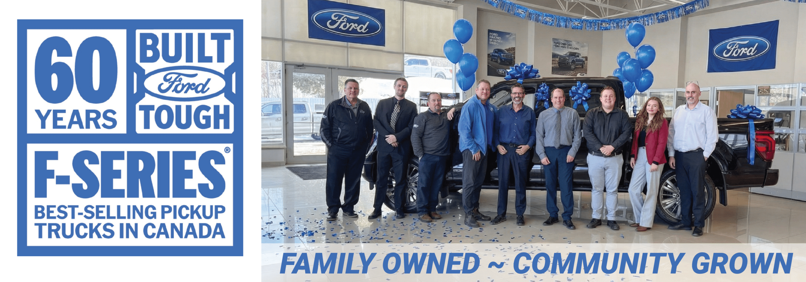 Ford dealership staff posing with F-Series truck celebrating 60 years as Canada's best-selling pickup.