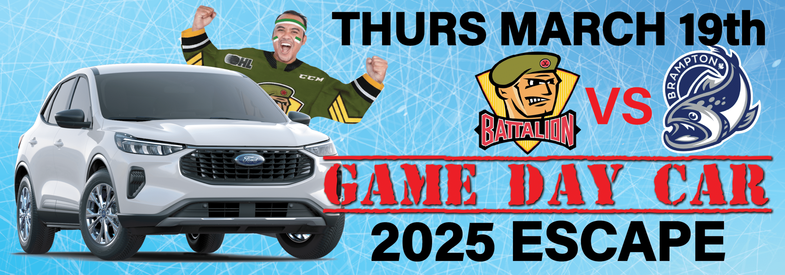Ford Escape 2025 featured in hockey game promotion, Brampton vs Battalion, March 19th. Game day excitement.
