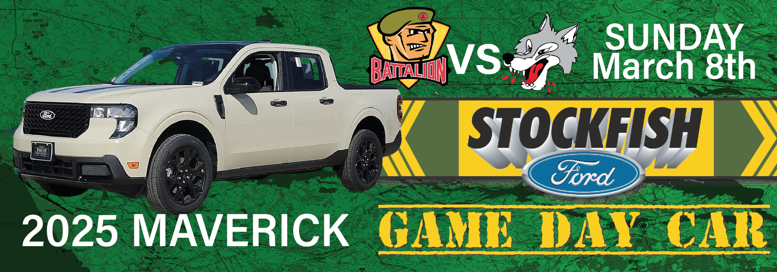 2025 Ford Maverick promoting Stockfish Ford's game day event on Sunday, March 8th, featuring a sports matchup.