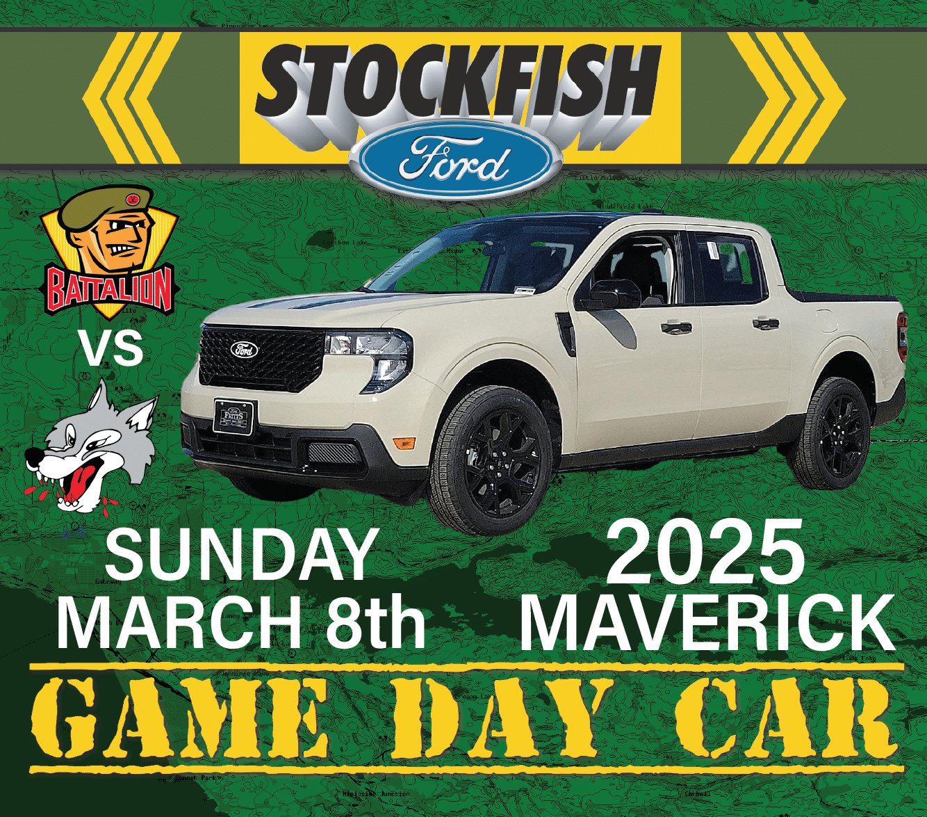 Ford Maverick 2025 for Stockfish event; Battalion vs. team, Sunday, March 8th, Game Day Car.