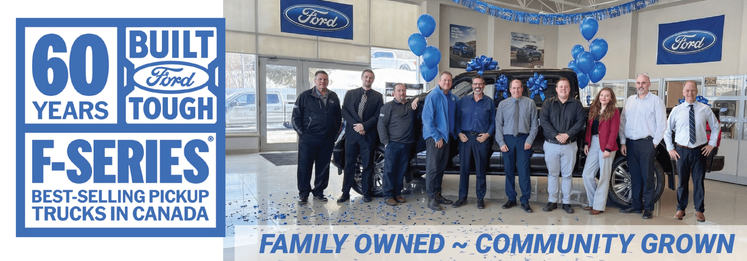 Ford dealership staff celebrates 60 years of F-Series trucks, marked by a showroom gathering.