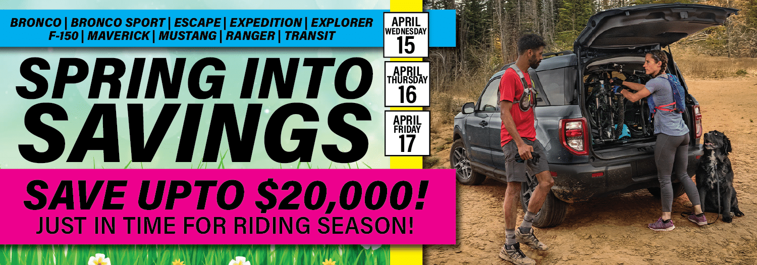 Spring savings event ad featuring SUV models with up to $20,000 savings, April 15-17.