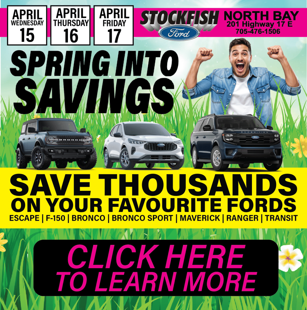 Spring sale advertisement for Stockfish Ford, highlighting car models with dates and location details.