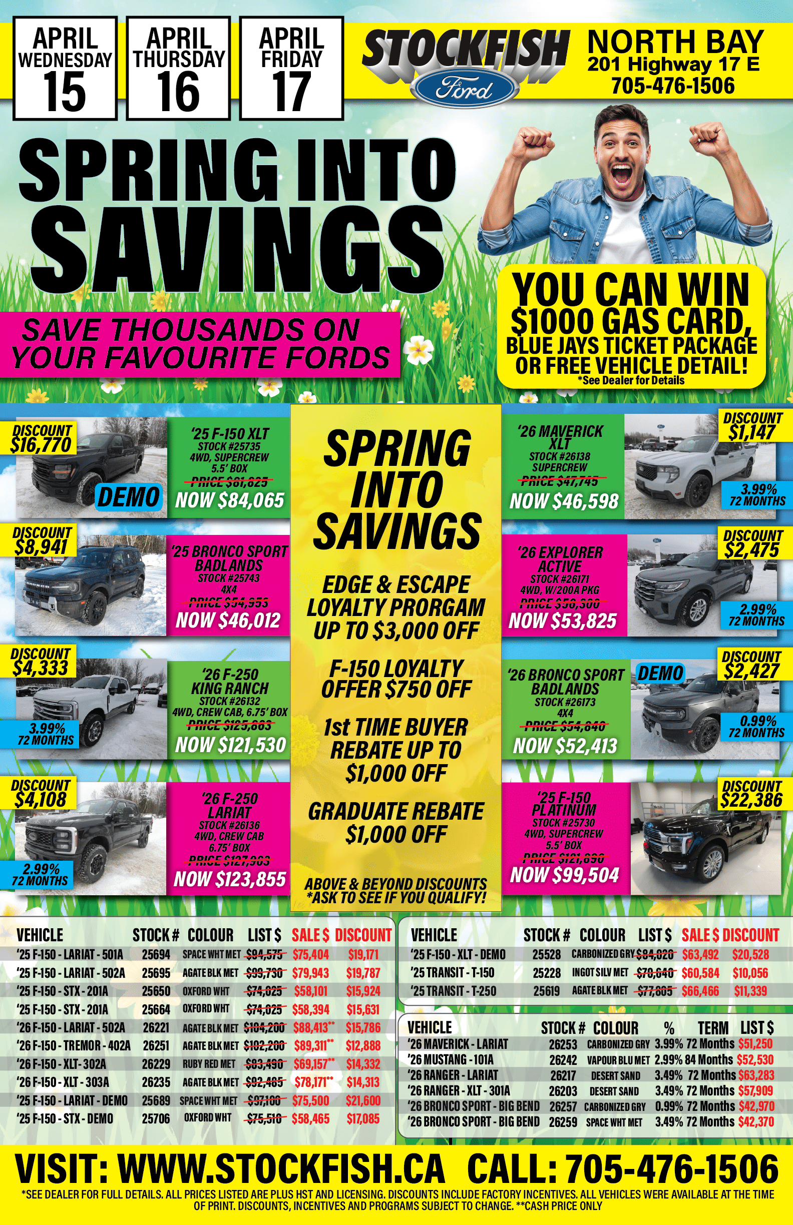 Car dealership flyer detailing April discounts on Ford vehicles with loyalty offers and rebates.