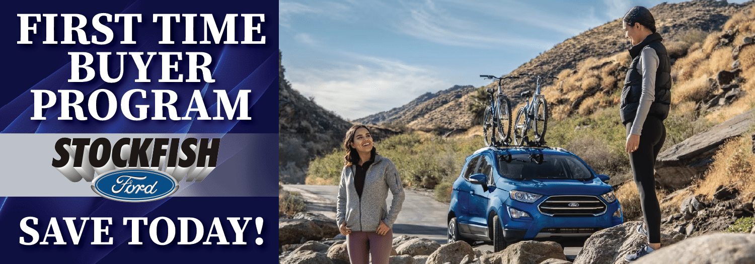 First Time Buyer Program promotion from Stockfish Ford with a scenic car road trip image.