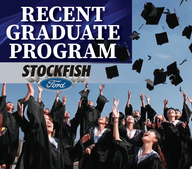 Graduates tossing caps in the air beneath "Recent Graduate Program" and "Stockfish Ford" logos.