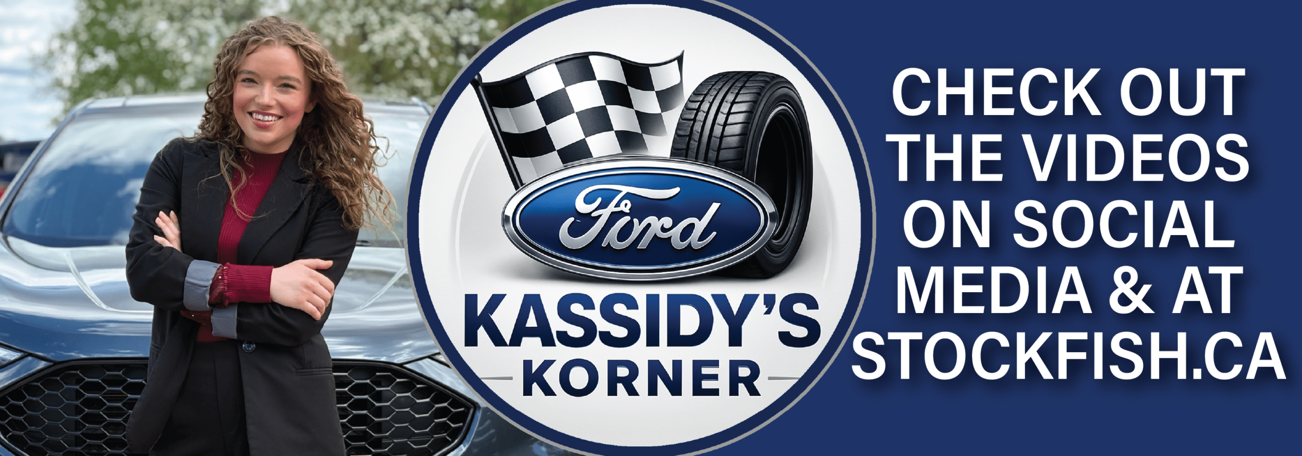 Woman smiling in front of a car with "Ford Kassidy's Korner" and social media text visible.