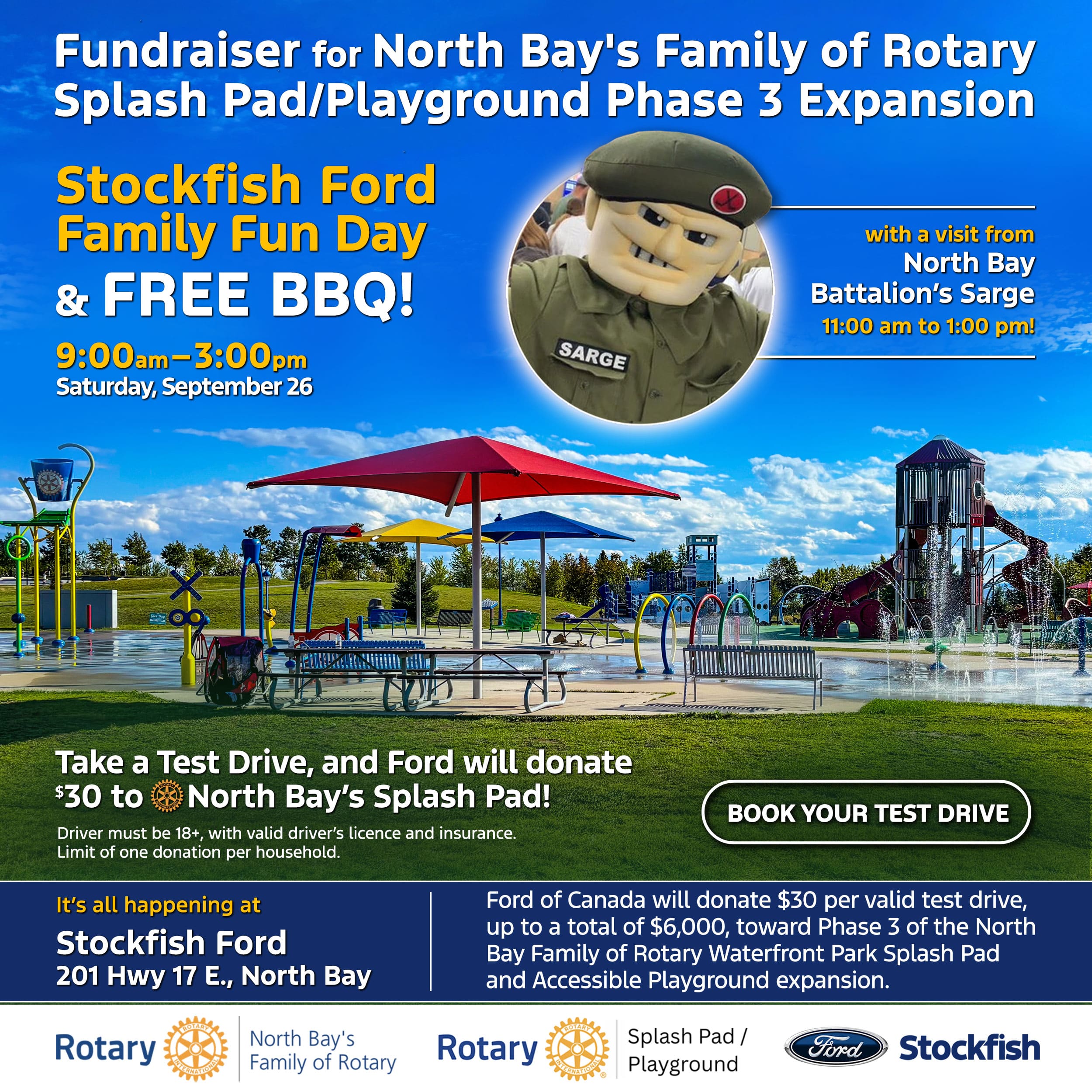 Fundraiser for North Bay's Family of Rotary Splash Pad / Playground Phase 3. Family Fun Day and FREE BBQ at Stockfish Ford, Saturday September 26, 9:00 am to 3:00 pm