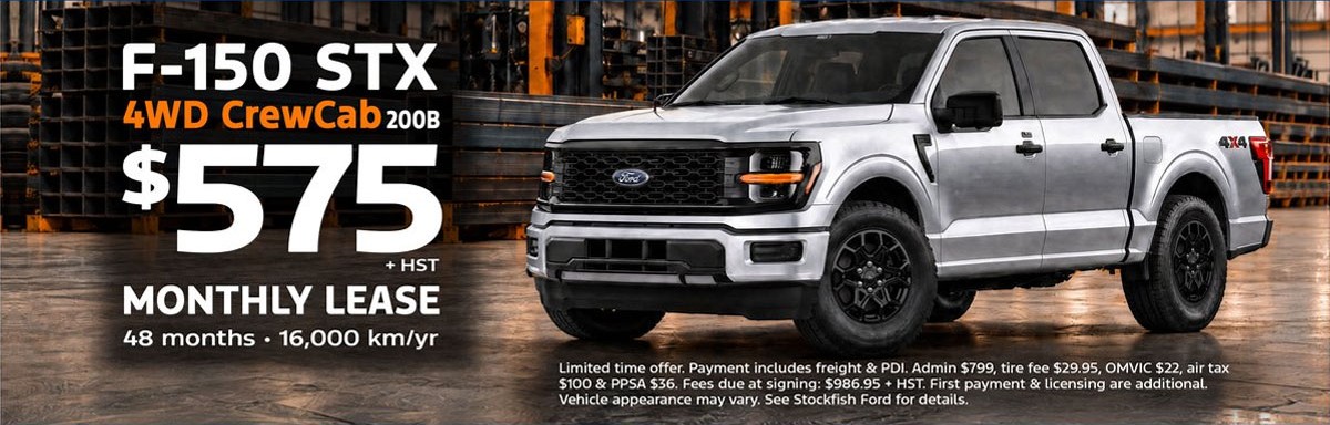 F-150 STX 4WD CrewCab 200B, $575 monthly lease + HST, 48 months, 16,000 km/yr